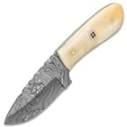 Timber Wolf Siberian Fixed Blade Knife With Sheath - Damascus Steel Blade, Genuine Bone Handle, Rosette Accents - Length 7 1/2”