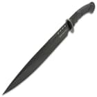 Full view of the knife with its black blade with weight-reducing thru-holes and TPR handle.