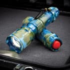Trailblazer Mini Blue Camo LED Flashlight - Three Lighting Modes, Sturdy Metal And TPU Housing, Pocket Clip - Length 4”