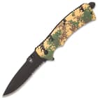 The SOA Camo Field Pocket Knife has a stainless steel blade that features partial serrations and it can be deployed using a thumbstud and assisted opening