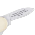 The pocket knife has stainless steel blades with laser-etched artwork with a Bible verse and nail nicks for opening