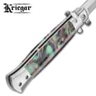 The handle has tightly secured, genuine abalone handle scales and features polished stainless steel bolsters and pins