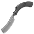 This folding razor knife is 6” closed and 8” overall with 3 1/4" full-tang stainless steel blade with grey titanium finish.