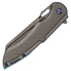 The handle scales are crafted of grey, ti-coated stainless steel and the handle features metallic blue, stainless steel accents
