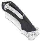 The cutting edge pocket knife is 4 7/8” when closed, and has a spring hardened, bead-blasted stainless steel pocket clip