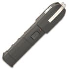 The stun gun has an ABS construction with an anti-grip rubber coating and a finger-grooved grip and wrist lanyard