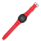 The watch band is a comfortable and flexible red polyurethane with a stainless steel buckle and strong stainless steel pins