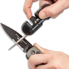Sharpen It Up Knife Sharpener - TPU Housing, Ceramic, Tungsten Carbide, Diamond Tapered Rod, Lanyard Hole - Length 3 1/4”
