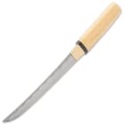 The premium wooden handle is a light, natural color and has a matte black, brass band accent