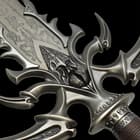 Close view of Kit Rae dark iron stainless steel Vorthelok sword showcasing engraved runes and false edge blade

