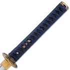 The handle is black genuine ray skin wrapped in blue nylon cord with brass menuki. 
