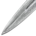The Damascus steel blade is 5 mm thick with a sharp point. 