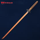 The katana is shown in full with copper colored 1060 high carbon steel blade and genuine rayskin handle wrapped in cord. 