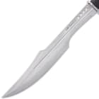 It has a full-tang, 16 1/2” Damascus steel blade, which features a blood groove and weight-reducing thru-holes in the spine