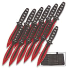 The 12 stainless steel knives are all red with black blades and have weight reducing holes on the handles.