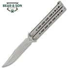 Bear Song VIII Grey Butterfly Knife - 154CM Steel Blade, Stainless Steel Handle, Cerakote Finish, American Made - Length 9 1/2”