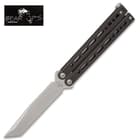The Bear Song VIII Black Tanto Butterfly Knife has a tanto blade that features a 4” blade edge crafted with 154CM American made steel that is corrosion-resistant and has great edge-retention