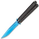 Vortex Balisong Butterfly Knife - Stainless Steel Blade, Blue Finish, Anodized Aluminum Handles, T-Latch - Length 9”