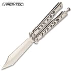 This butterfly knife has a stainless steel scorpion tip tanto blade and polished stainless steel skeletonized handles.