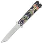 Twin Dragons Purple And Blue Butterfly Knife - Stainless Steel Blade, Aluminum Handle, Vivid Artwork, Latch Lock - Length 8 3/4”