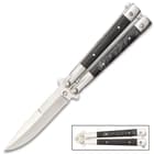 Classic Black Butterfly Knife - Stainless Steel Blade, ABS Handle, Stainless Bolsters, Latch Lock, Double Flippers - Length 7 3/4”