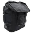 There’s a large, main compartment with a drawstring top, covered with a top flap with a shallow, zippered compartment