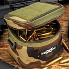 M48 Soft-Side Camouflage Ammo Bang Box - 600D Polyester Construction, Zipper Closure, ABS Loop On Each Side - Dimensions 5 1/4”x 4 1/4”
