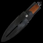 For carry and storage, each of the knives comes with a genuine, leather belt sheath with a snap strap closure