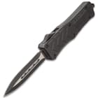 Medium VF-1 Series Black Double Edge OTF Knife - Stainless Steel Blade, Metal Alloy Handle, Pocket Clip - Length 7 3/4”