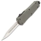 Mini Ghost Series Grey Double Edge OTF Knife - Stainless Steel Blade, Metal Alloy Handle, Pocket Clip - Length 7”