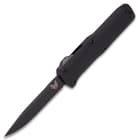 
Black pocket knife with carbon coated blade and black aluminum handle.

