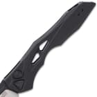 The highly-sculpted, lightweight but strong black, anodized 6061-T6 aluminum handle has an integrated lanyard hole