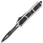 It has a two-toned, 3 3/10” double-serrated, stainless steel spear point blade, which can be accessed with a thumb slide