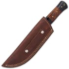 The attractive fixed blade is 10” in overall length and slides securely into a premium leather belt sheath for ease of carry