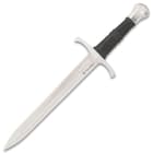The dagger has a keenly sharp, 11 7/8” 1060 carbon steel blade with a satin finish and a blood groove