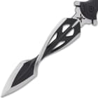 The dagger has a twisting, 7 1/2” 2Cr13 stainless steel blade with a two-tone satin and black oxide-coated finish