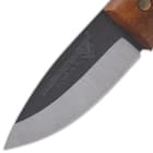 It has a full tang, 2 7/8” 1095 high carbon steel blade with a matte finish and, make no mistake, it is keenly sharp