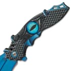 It has a 3 1/2”, keenly sharp stainless steel blade with a metallic blue finish that can be deployed with the flipper