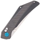 The black handle is crafted of G10 with a carbon fiber onlay and heavy jimping at the end for a secure, slip-free grip