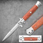 Kriegar German Peach Wood Stiletto Knife - Stainless Steel Blade, Assisted Opening, Wooden Handle, Stainless Bolsters And Pins