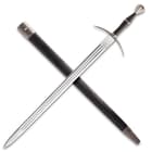 Large, but amazingly light and well-balanced, this hand and half sword can easily accommodate two hands