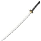 Samurai sword with stainless steel blade and black hardwood handle adorned with brass. 