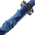 Shinwa Azure Sea Lily Handmade Katana - Hand Forged Blue 1045 Carbon Steel Blade, Blue Leather - Wooden Display Stand