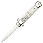 Each OTF knife has a 3 3/4” mirror-polished, stainless steel blade with a penetrating point, deployed with a slide trigger
