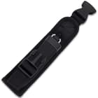 The automatic is 5 1/4”, when closed, 8 1/2” overall and can be carried in a nylon belt sheath with a quick-release buckle