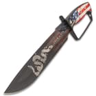 The keenly sharp blade is stainless steel with a black, non-reflective finish and a “Join or Die” laser-etch
