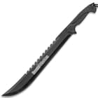 The 24” machete has an 18” stainless steel blade with “gator tooth” spine and black non-reflective finish.