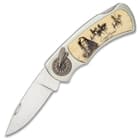 Four-Piece Founding Fathers Pocket Knife Set - Four Folders - Stainless Steel Blades, Decorative Native American Indian Chief Handle Art, Wooden Display Box - Length 4 1/4”
