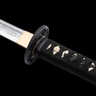 It has an expertly cord-wrapped hardwood handle and an intricately crafted bamboo-themed, cast metal alloy tsuba