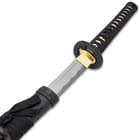 The Musha Hand-Forged Tatsu-Maki Katana can be protected in a scabbard.